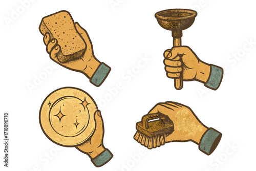Vintage halftone collage of hands holding cleaning tools sponge plunger and scrub brush with sparkling clean plate housekeeping and spring cleaning concept
