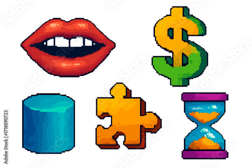 Universal trendy pixel textured geometric bright bold 3D shapes set with mouth, dollar sign, blue cylinder, orange puzzle piece, and colorful hourglass timer elements for design