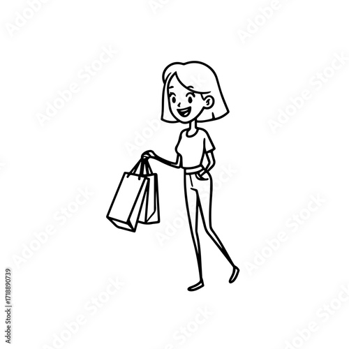 Black and white line art of a beautiful happy woman carrying shopping bags minimalist cheerful illustration