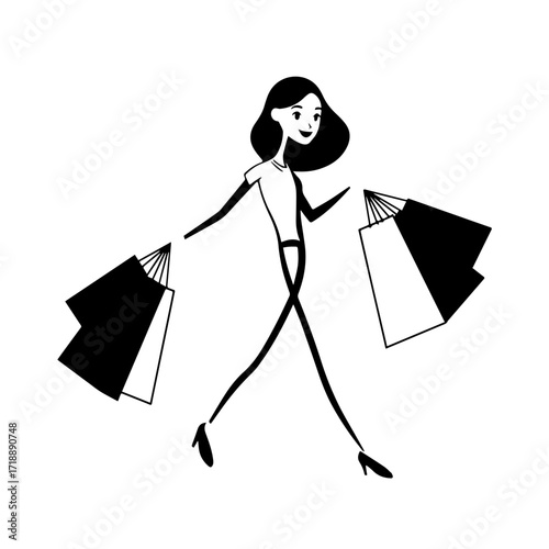 Black and white line art of a beautiful happy woman carrying shopping bags minimalist cheerful illustration