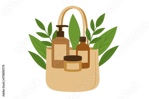 Natural eco-friendly bag filled with organic skincare cosmetics and green plant leaves. Zero waste concept. Sustainable beauty products illustration. Natural health and wellness routine.