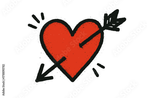 Urban graffiti style sprayed red heart pierced by arrow, Y2K Valentine’s Day print design, hand-drawn textured vector illustration, sublimation art, love symbol cartoon