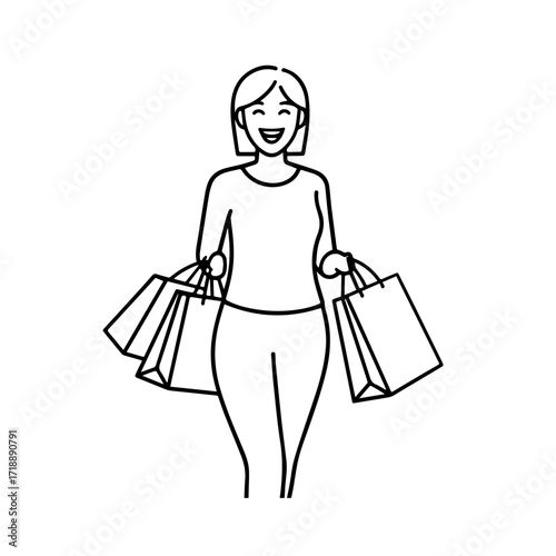 Black and white line art of a beautiful happy woman carrying shopping bags minimalist cheerful illustration