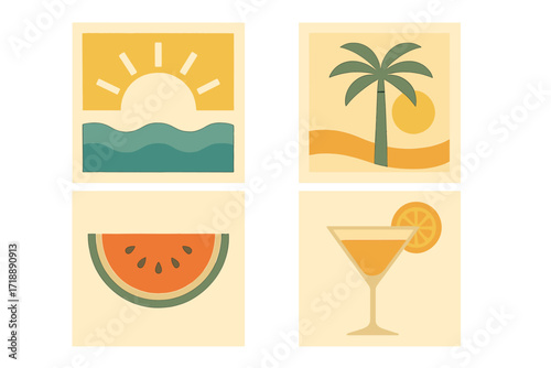 Vintage summer bright vector concept with sun, ocean waves, palm tree, watermelon slice, and cocktail glass, minimal style for branding, social media ads, corporate identity