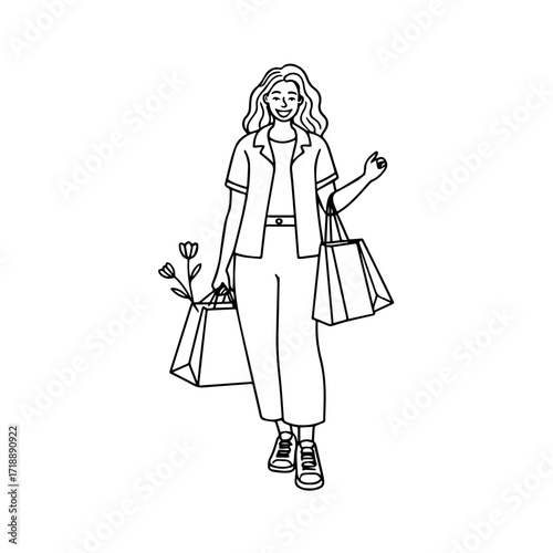 Black and white line art of a beautiful happy woman carrying shopping bags minimalist cheerful illustration