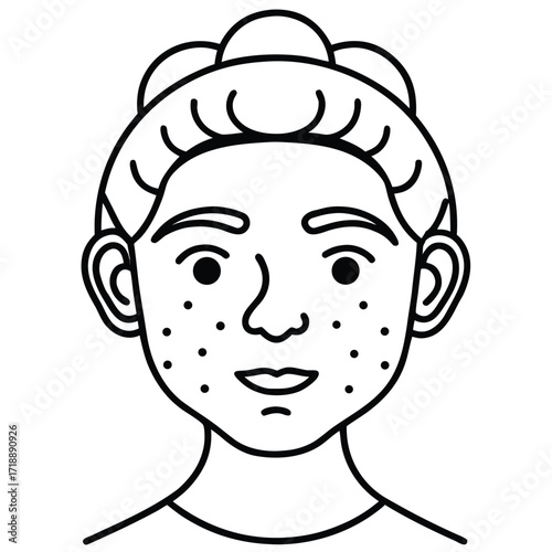 Clean vector line art illustration of a woman's face, highlighting natural skin texture variations