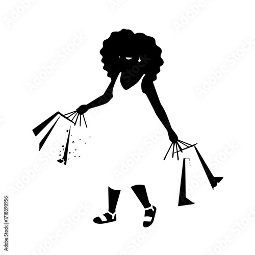 Black and white line art of a beautiful happy woman carrying shopping bags minimalist cheerful illustration