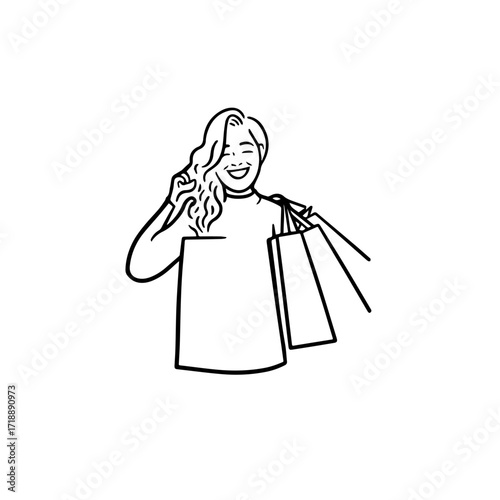 Black and white line art of a beautiful happy woman carrying shopping bags minimalist cheerful illustration