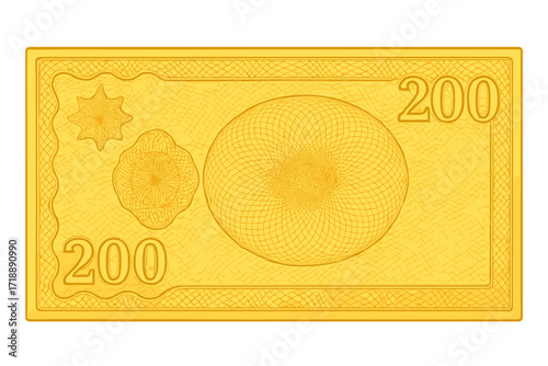 Elegant 200 Euro Voucher Template with Intricate Guilloche Pattern, Watermarks, Border, and Yellow Background, Gift Voucher, Coupon, Money Design, Currency Note, Check