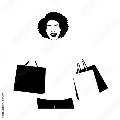 Black and white line art of a beautiful happy woman carrying shopping bags minimalist cheerful illustration