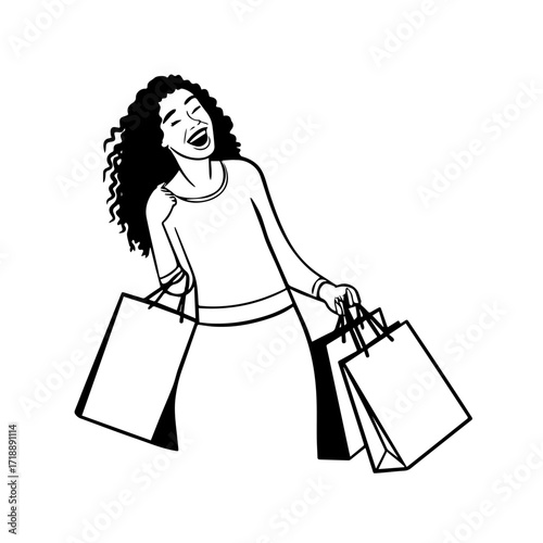 Black and white line art of a beautiful happy woman carrying shopping bags minimalist cheerful illustration