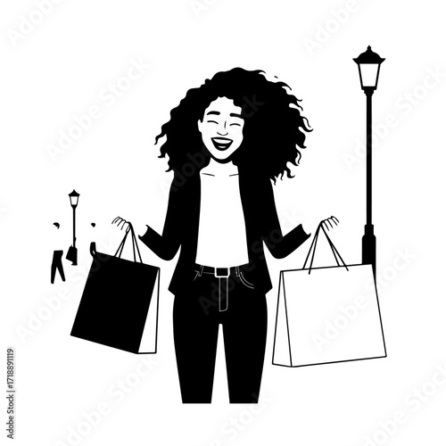 Black and white line art of a beautiful happy woman carrying shopping bags minimalist cheerful illustration