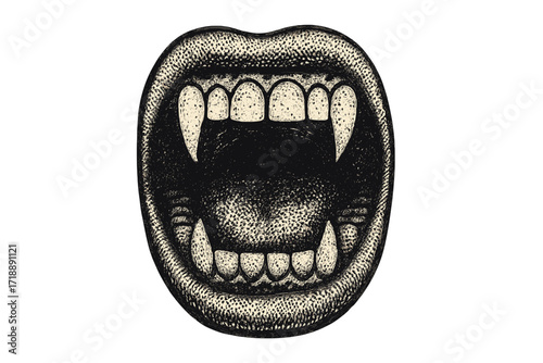 Vintage Vampire Mouth Open Wide with Sharp Fangs, Halloween Halftone Dotted Illustration, Grunge Style Vector Art, Realistic 90s Texture, Gothic Horror Cartoon Design