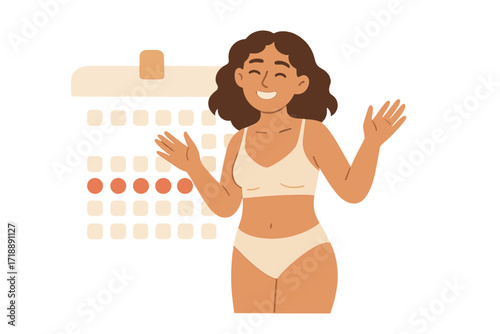 Happy woman in underwear with female period calendar, menstrual cycle tracking, periods are cool lettering quote, joyful girl celebrating menstruation health and PMS-free life concept