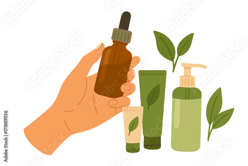 Woman hand holding organic cosmetics glass bottle with dropper, various eco-friendly serum tubes and beauty products for natural skincare, environmental protection concept