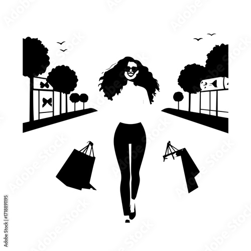Black and white line art of a beautiful happy woman carrying shopping bags minimalist cheerful illustration