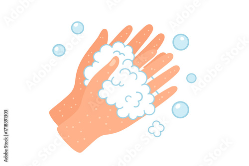 Washing hands with soap and water, hand hygiene with foamy soap bubbles, coronavirus COVID-19 prevention, cleansing palms illustration, keep calm and wash hands concept vector