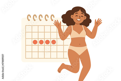 Happy woman in underwear celebrating period days on calendar with red dots, female menstrual cycle tracking, periods are cool lettering quote, PMS-free menstruation concept