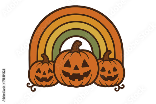 Retro Halloween pumpkins with rainbow arch, vintage 60s and 70s style spooky jack-o'-lantern trio, Halloween greeting card design for October 31st celebration, isolated vector