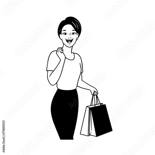 Black and white line art of a beautiful happy woman carrying shopping bags minimalist cheerful illustration