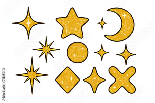 Y2K glittering golden star and sparkle shapes set, bling abstract minimal geometric symbols, trendy retro 2000s style, New Year aesthetic isolated icons collection