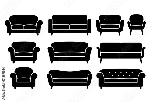 Black silhouette vector illustration of modern vintage sofa and armchair set, stylish living room furniture collection, couch and seat icons, interior design elements with transparent background