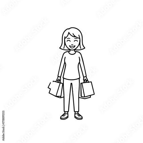 Black and white line art of a beautiful happy woman carrying shopping bags minimalist cheerful illustration