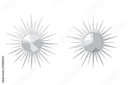 Shiny silver sunburst mirror set with radial pointed rays, decorative starburst wall mirrors, modern home decor, reflective round mirrors on transparent background