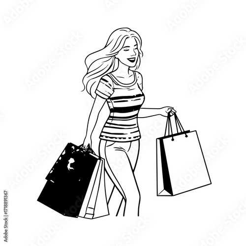 Black and white line art of a beautiful happy woman carrying shopping bags minimalist cheerful illustration