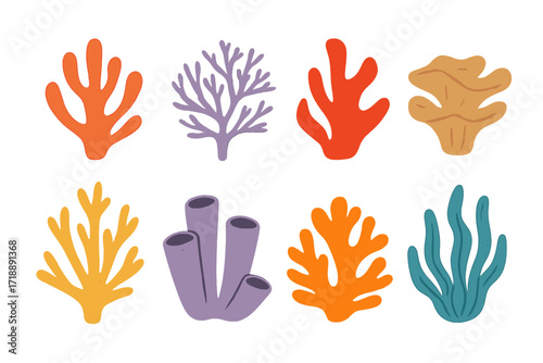 Colorful coral reef set isolated on white background, vibrant marine life collection, ocean flora and fauna bundle, deep sea coral species, underwater biodiversity illustration