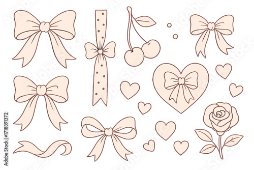 Set of charming romantic elements with bows, ribbons, cherries, hearts, and rose. Elegant vintage Valentine cliparts in soft pastel pink tones. Hand-drawn coquette line art for girly design.