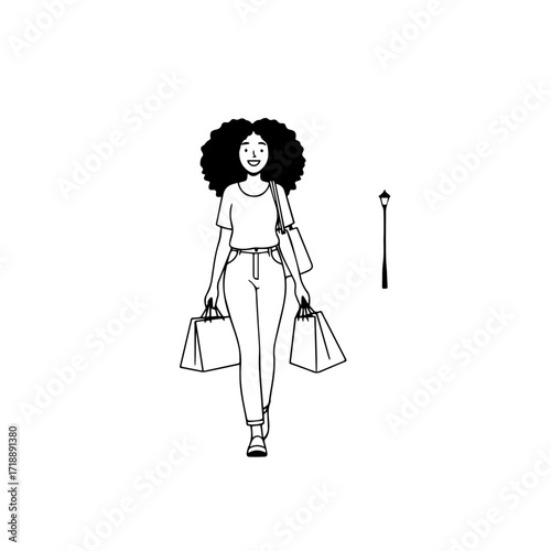 Black and white line art of a beautiful happy woman carrying shopping bags minimalist cheerful illustration