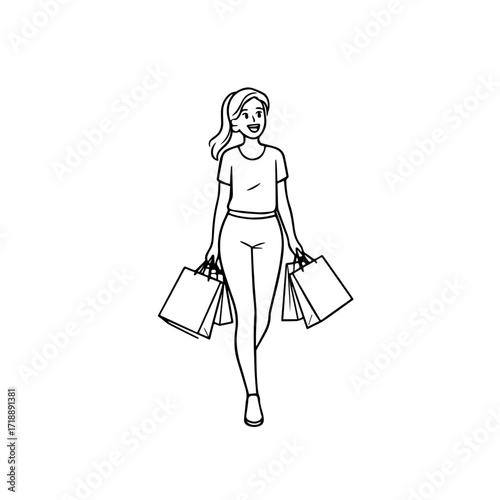 Black and white line art of a beautiful happy woman carrying shopping bags minimalist cheerful illustration