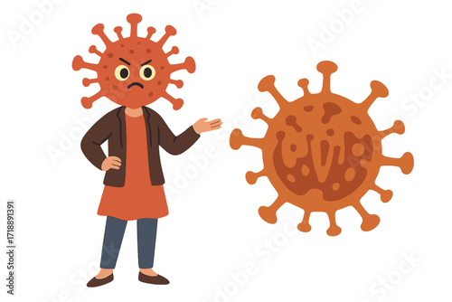 Coronavirus female character with a virus head. Angry woman is a metaphor for pandemic stress, panic, and fear. Covid-19 awareness concept. Flat vector cartoon illustration.