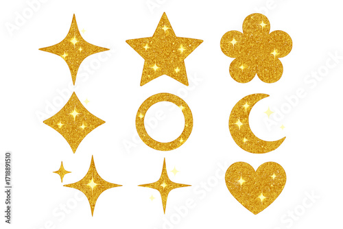 Y2K glittering star sparkle set, golden bling abstract shapes, minimal geometric symbols, retro 2000s style, trendy sparkle icons, New Year festive glitter elements