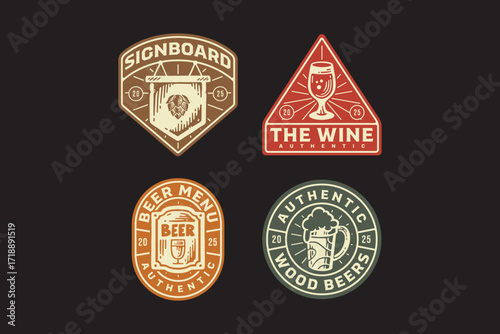 hops signboard, wine glass, beer menu, foamy beer mug retro badge logo design set for for brewing factory, brewery industrial, pub, bar, cafes, beverage, restaurant. Vector Illustration