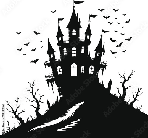 Halloween haunted castle silhouette spooky design