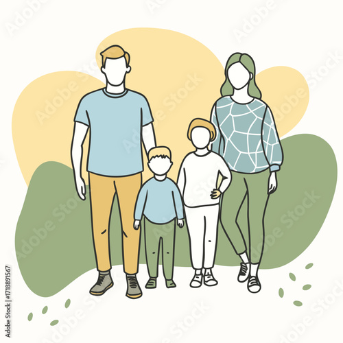 Happy young family with two children standing together, modern minimalist vector illustration