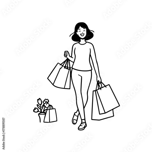 Black and white line art of a beautiful happy woman carrying shopping bags minimalist cheerful illustration