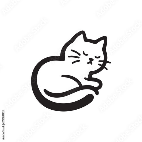 Silhouette of a Sleeping cat side view On White Background.