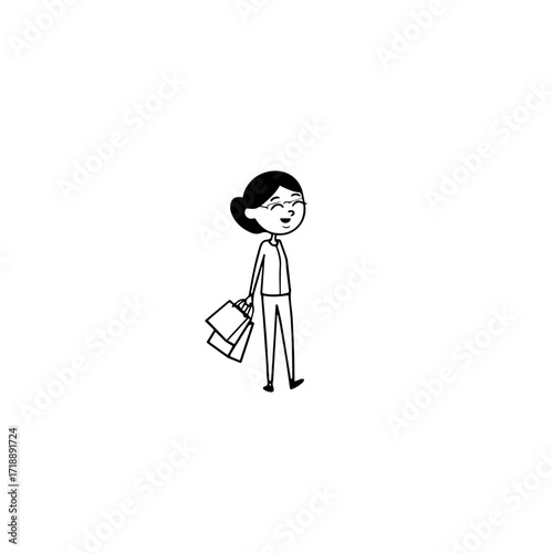 Black and white line art of a beautiful happy woman carrying shopping bags minimalist cheerful illustration