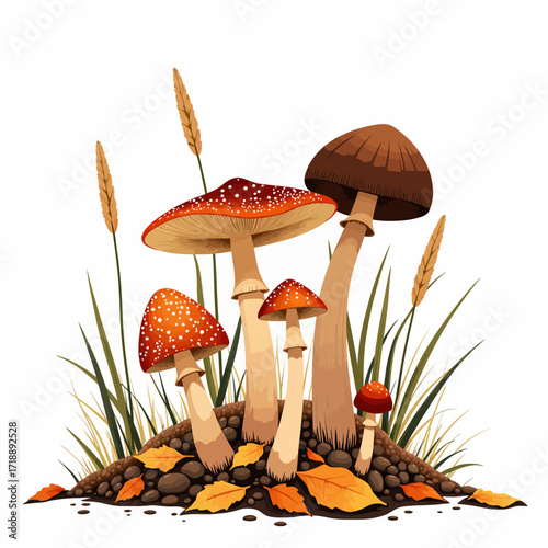 Vibrant Autumnal Mushroom Cluster Amongst Fallen Leaves and Tall Grasses in a Natural Forest Setting with Vivid Colors