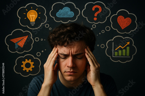 A stressed person surrounded by thought bubbles or digital notifications, representing overthinking, mental overload, and distraction from too many ideas, messages, and alerts