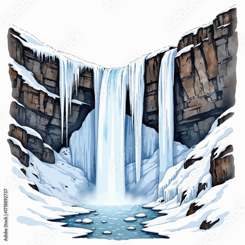 A breathtaking winter landscape depicting a majestic frozen waterfall cascading down snow-covered rocky cliffs into a partially frozen lagoon below