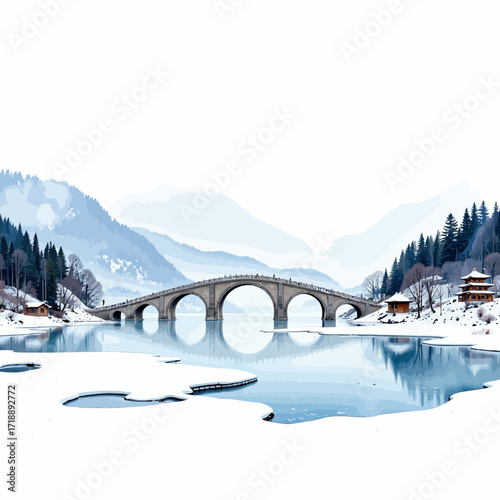 Snow-Covered Bridge Spanning Tranquil River Amid Serene Mountainous Landscape with Pine Trees and Quaint Cottages in Background Under Overcast Sky
