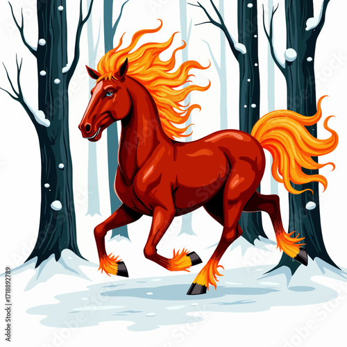Majestic Fiery Horse Prancing Through Snowy Winter Forest with Grace and Power Amidst Bare Trees and Falling Snowflakes
