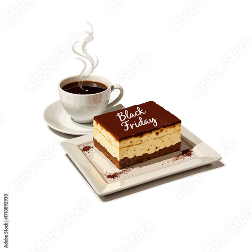 A delectable slice of tiramisu served on a pristine white plate, garnished with cocoa powder, paired alongside a steaming cup of freshly brewed espresso coffee on Black Friday.
