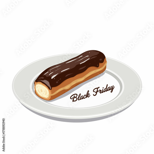 Illustrated Chocolate Eclair Dessert on Plate with 'Black Friday' Text Design, Highlighting the Sweet Temptation and Marketing Theme Concept for Shopping Event