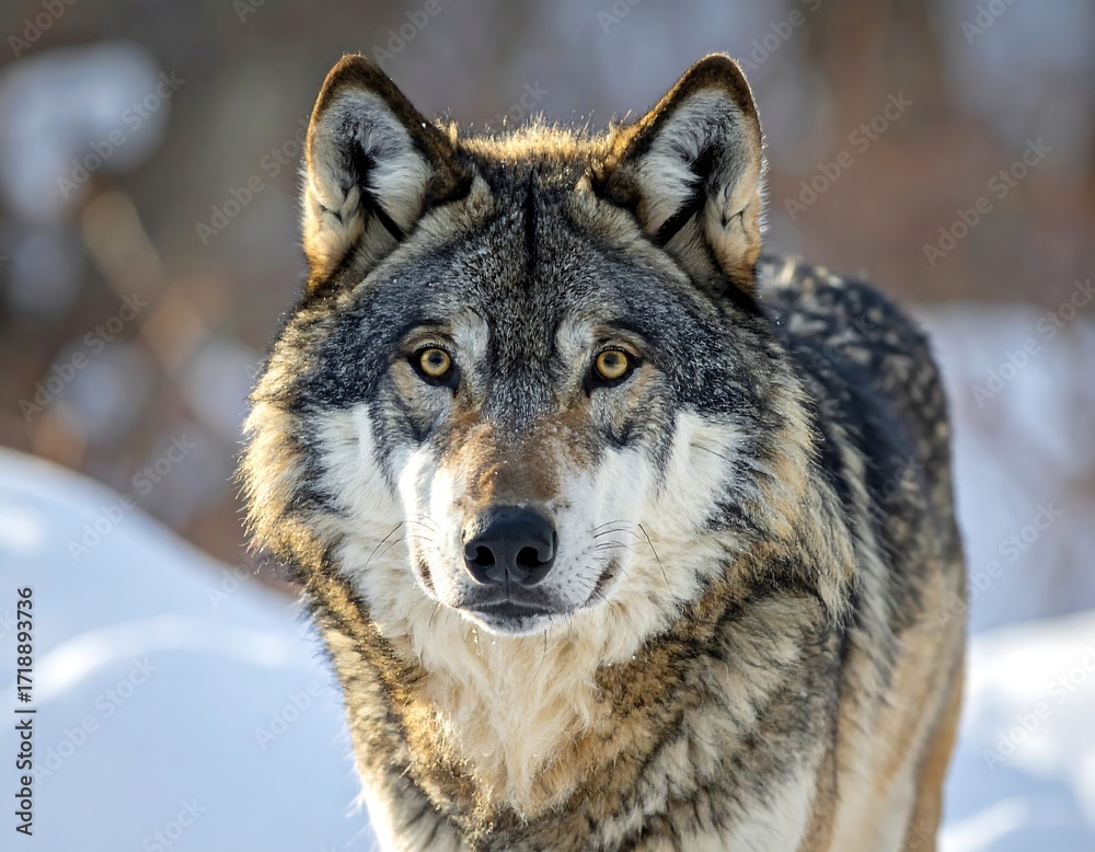 Fototapeta premium Close-up of a gray wolf in winter, looking directly at the camera with a snowy background.