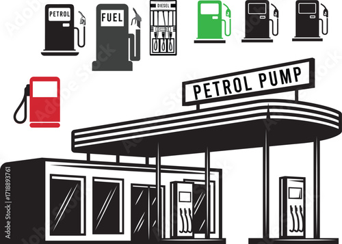 Fuel Station Icons Retro Gas Pump Design, Petrol Pump Graphics, Fuel Dispenser Illustrations - EPS Vector Set